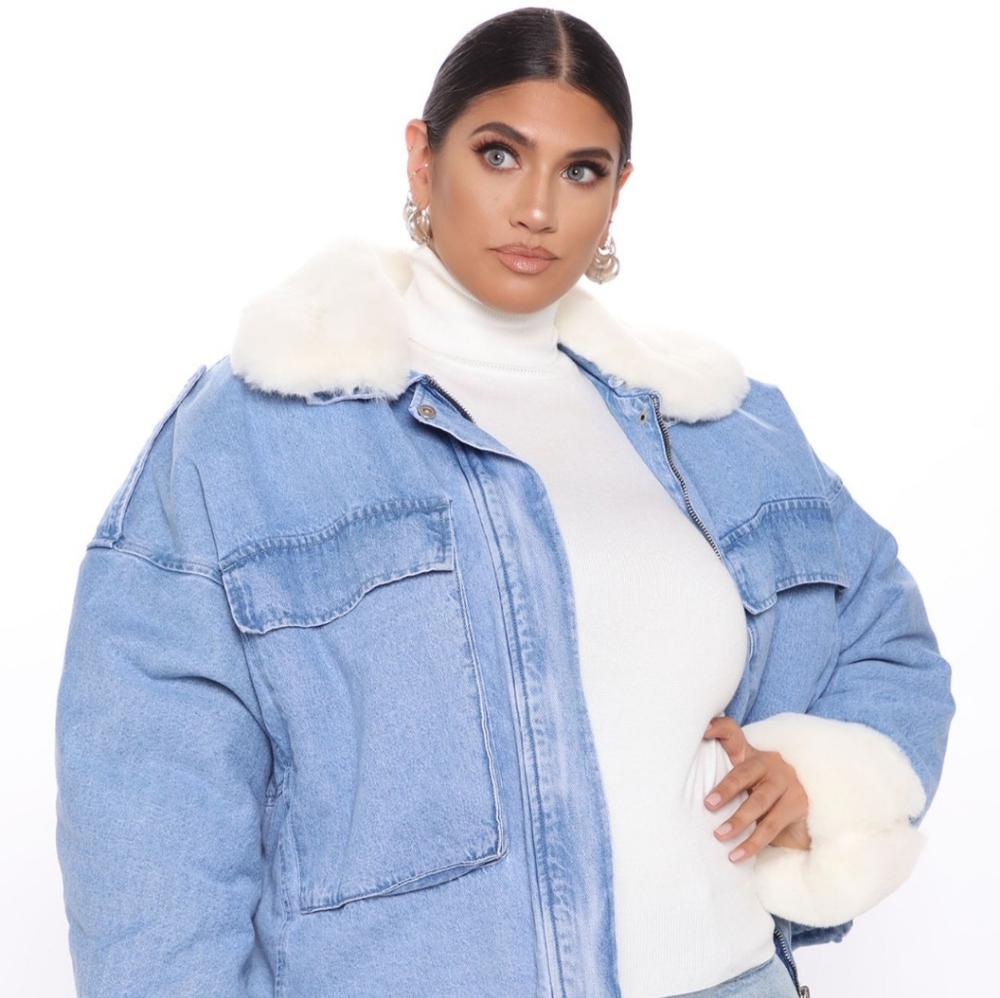 Fashion Nova Light Denim and Fur Trim Jacket